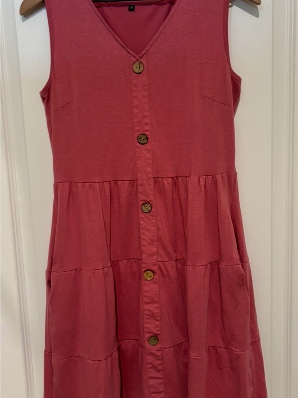 Women’s Sleeveless Button-Front Tiered Dress in Rose Pink